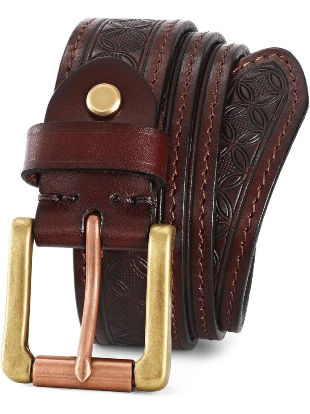 Women's Pattern Coffee Leather Belt Full Grain Leather Belt Vintage Metal Buckle